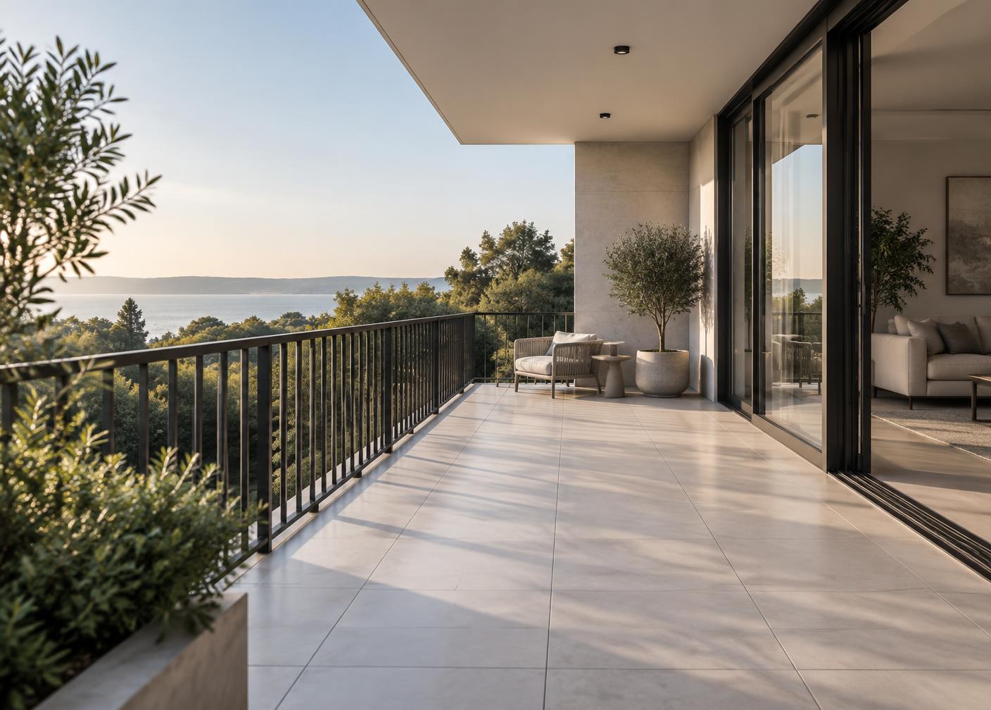 Illustrative tiled outdoor balcony