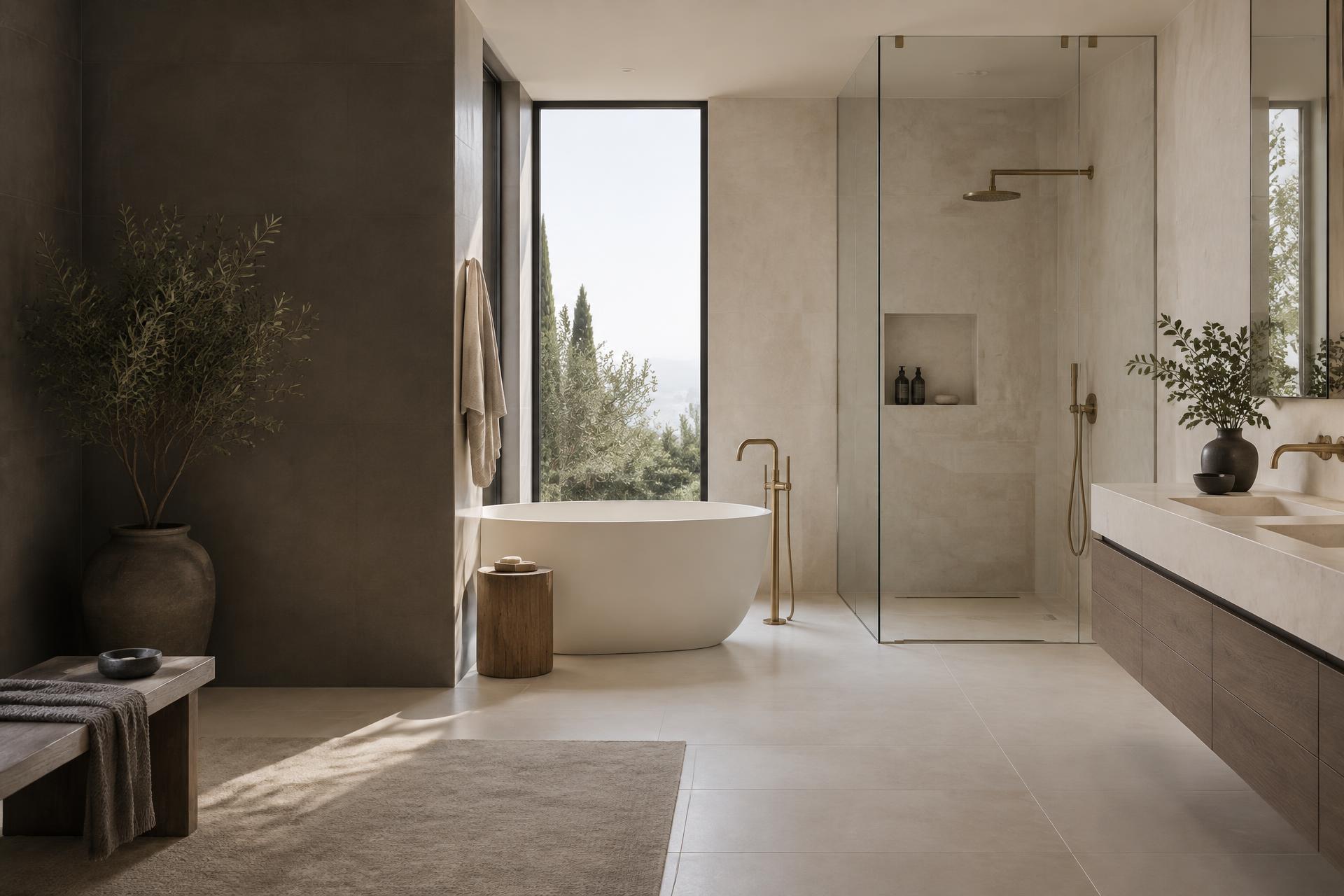 Illustrative contemporary tiled bathroom with a freestanding bathtub