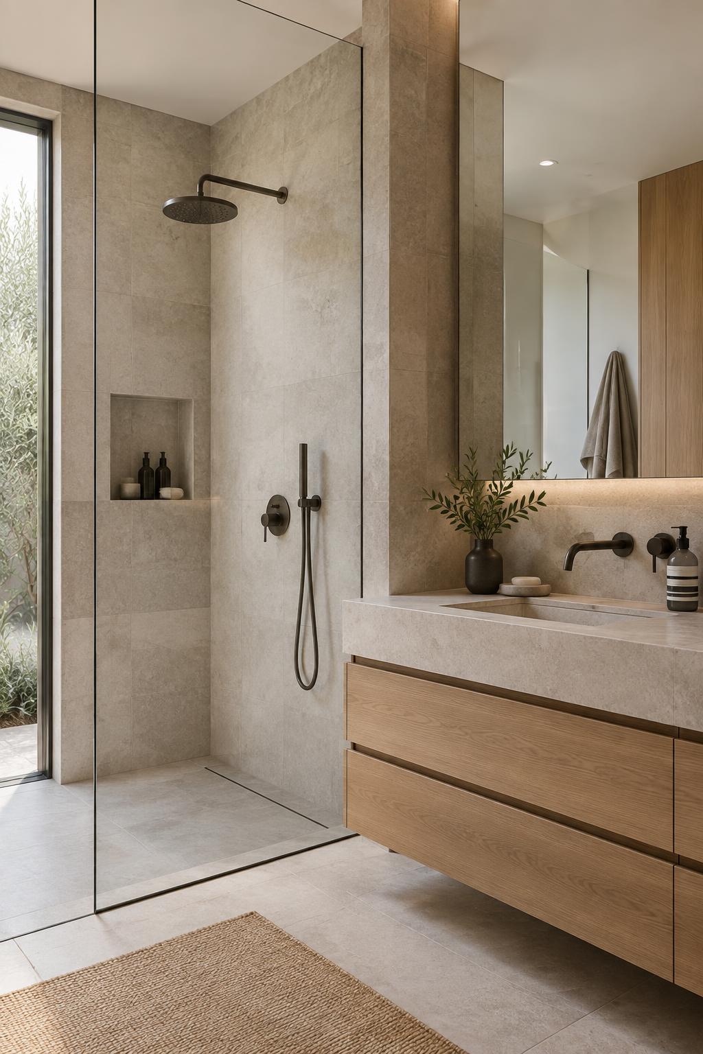 Illustrative walk-in shower with large-format tiles