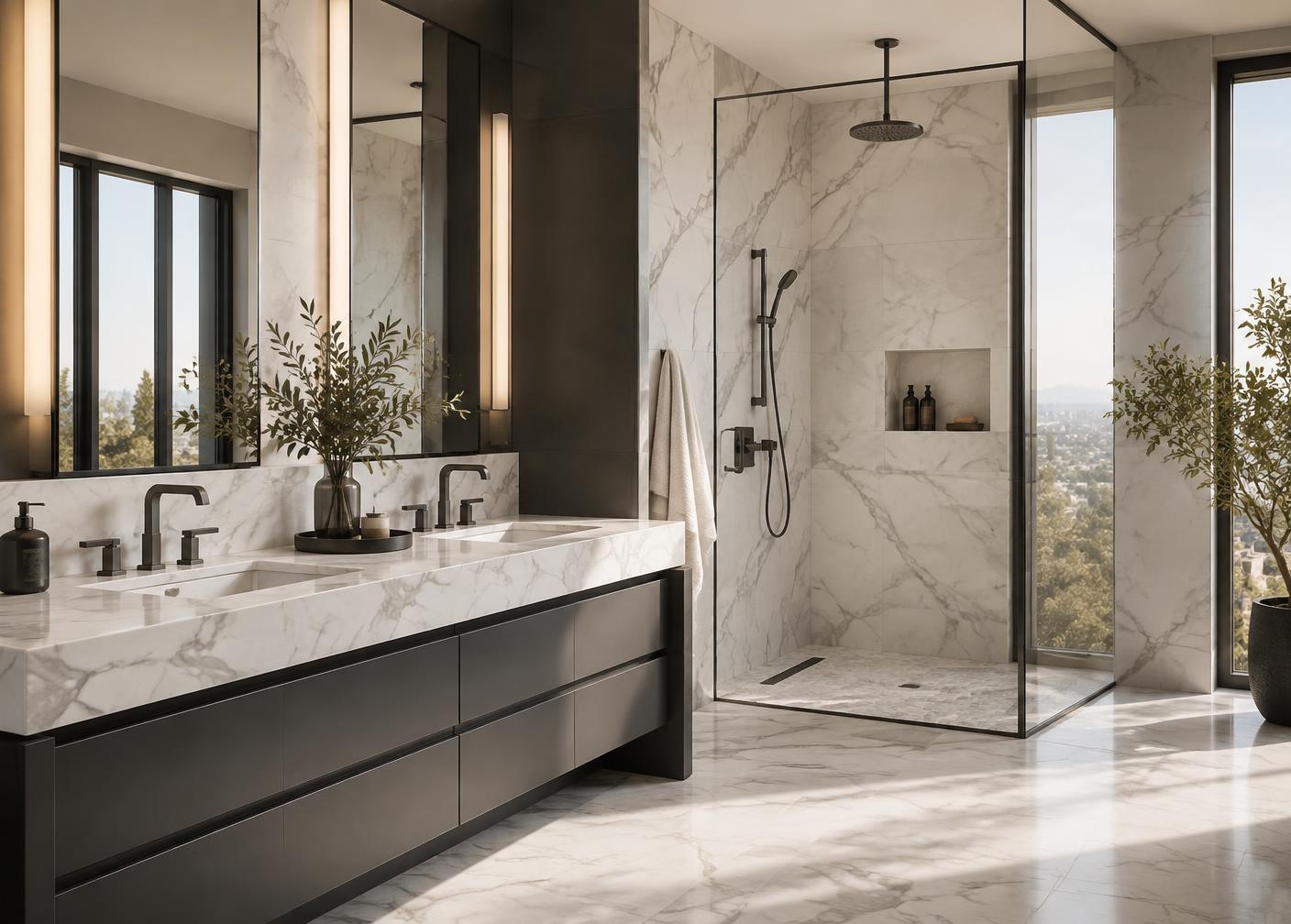 Illustrative marble-tiled bathroom with double vanity
